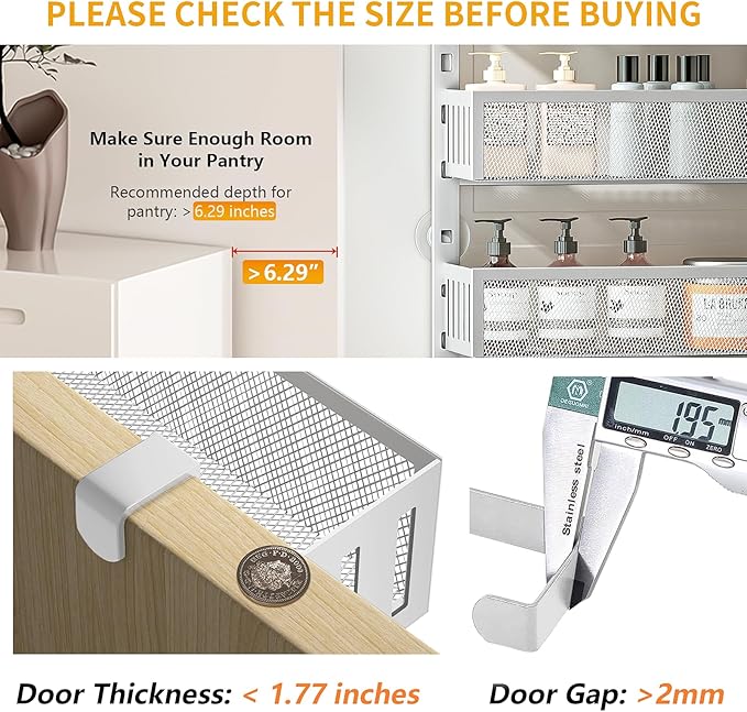 8-Tier Over The Door Pantry Organizer with Mesh Baskets, Adjustable & Stable Hanging Spice Rack for Kitchen, Bathroom, Bedroom, and Baby Essentials Storage (16" W 8-Tiers, White)