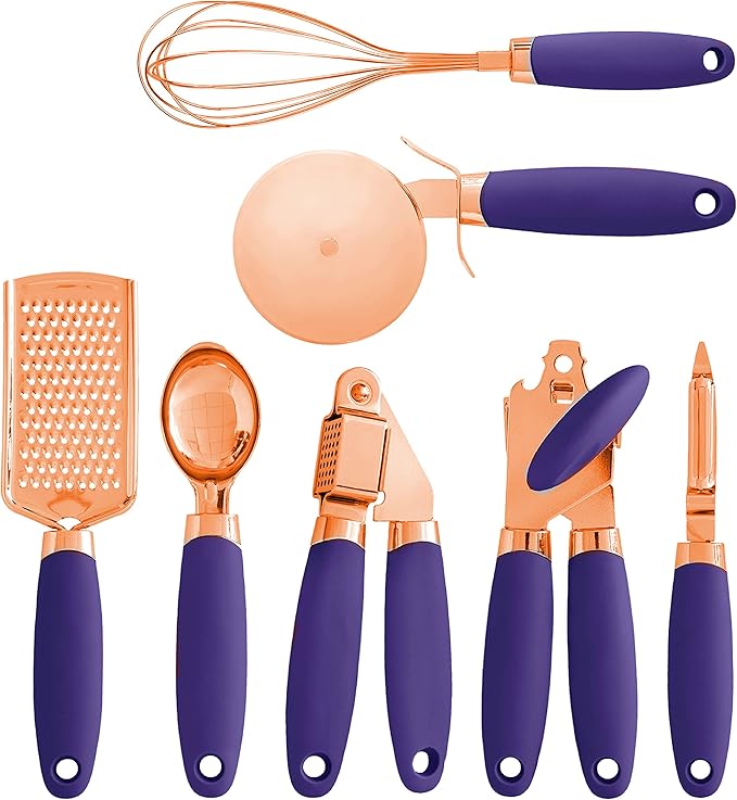 COOK WITH COLOR Kitchen Gadget Set Copper Plated Stainless Steel Utensils with Soft Touch Handles, Copper Lavender, 7 Pieces