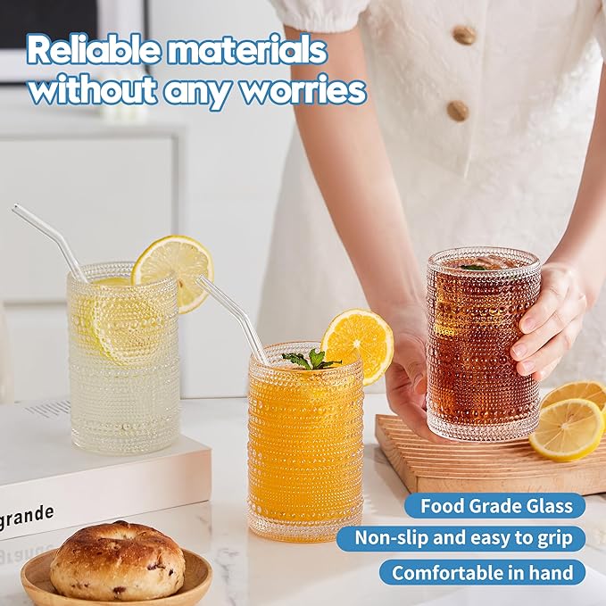 15 oz Clear Hobnail Drinking Glasses with Straws Set of 6, Vintage Glassware Old Fashioned Beverage Glasses, Cocktail Drinking Glassware Set, Kitchen Water Glasses Cup, for Beer, Smoothie, Juice