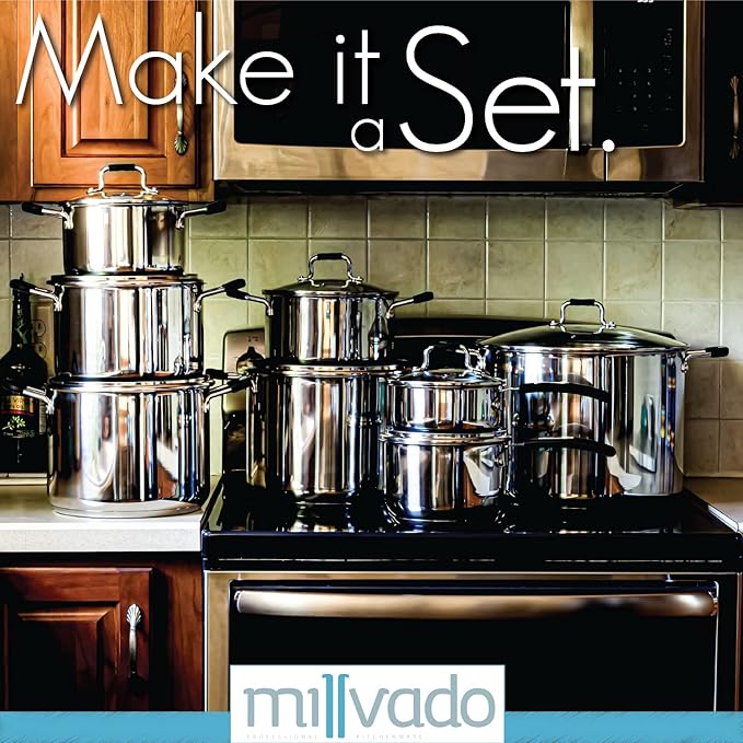 Stainless Steel Stock Pot, 4 Quart, With Clear Glass Lid, Steam Hole, Permanent Markings, Gas, Electric & Induction Compatible