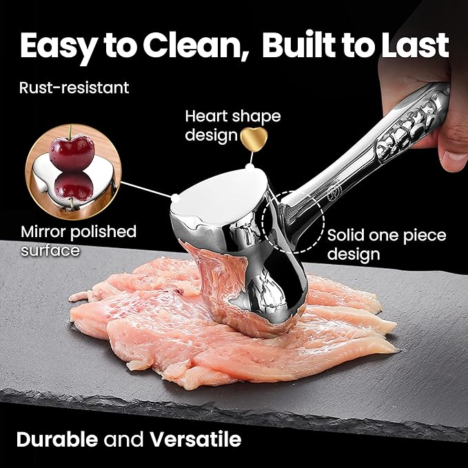 Stainless Steel Meat Tenderizer Tool, Premium Meat Mallet with Non-Slip Grip, Dual-Sided with Heart Shape Design for Tenderizing Steak, Poultry & Chicken Cutlet, Dishwasher Safe, Lifetime Replacement
