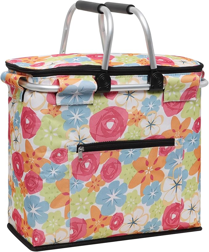 Insulated Picnic Basket,40L Leak-Proof Cooler Bag,Grocery Basket with Lid,2 Sturdy Handles,Storage Basket for Picnic, Picnic Basket for 4 Persons (Flower)