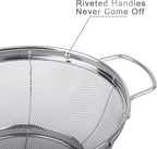 3 Pack 18/8 Stainless Steel Colander Sieves(5-Quart, 4-Quart and 3-Quart), Mesh Strainer Net Baskets with Handles & Resting Base for Strain, Drain, Rinse or Steam