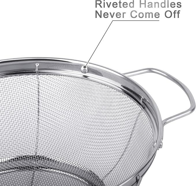 3 Pack 18/8 Stainless Steel Colander Sieves(5-Quart, 4-Quart and 3-Quart), Mesh Strainer Net Baskets with Handles & Resting Base for Strain, Drain, Rinse or Steam