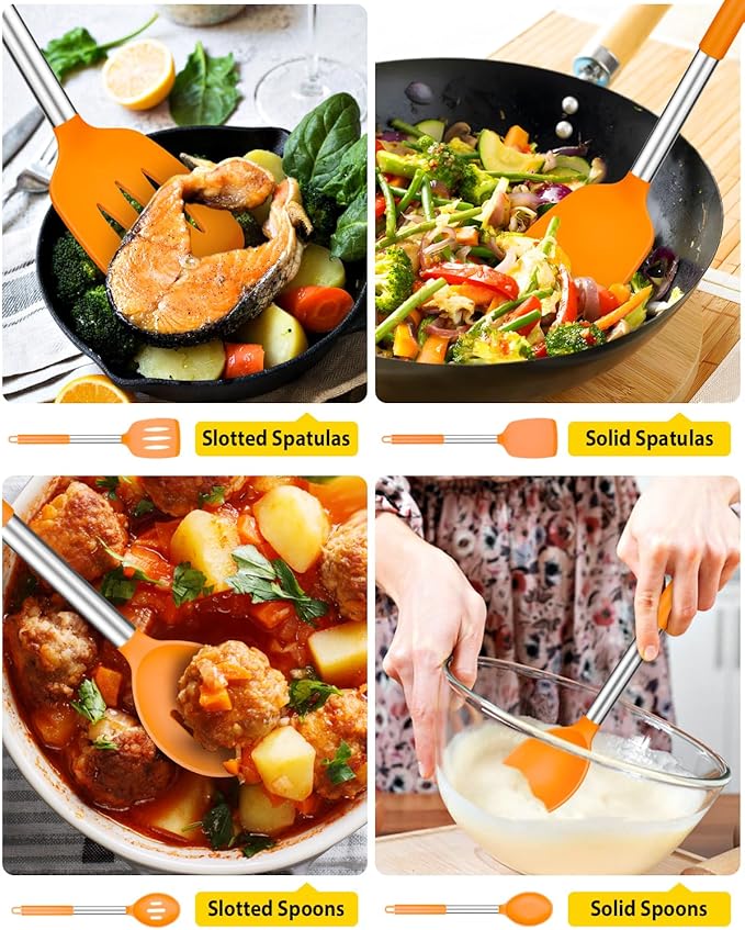 Pack of 4 Silicone Cooking Utensils Set, Non Stick Large Solid Spatulas, Heat Resistant Slotted Spoons, Ideal BPA Free Kitchen Turners for Frying, Mixing,Serving,Draining,Turning,Stirring (ORANGE)
