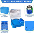 Bento Lunch Box Set With 10oz Soup Thermo, Leak-proof Lunch Containers with 4 Compartment, Kids Hot Thermo Food Jar/Insulation Lunch Bag, Food Containers for School （Blue）