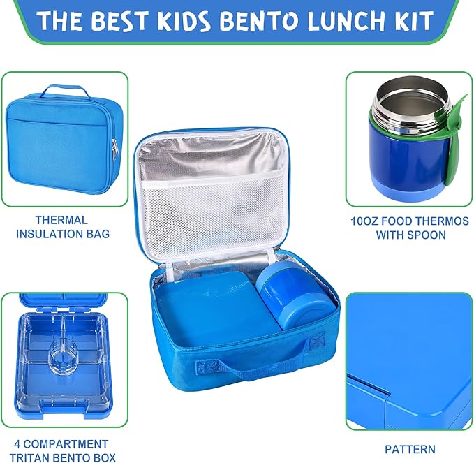 Bento Lunch Box Set With 10oz Soup Thermo, Leak-proof Lunch Containers with 4 Compartment, Kids Hot Thermo Food Jar/Insulation Lunch Bag, Food Containers for School （Blue）