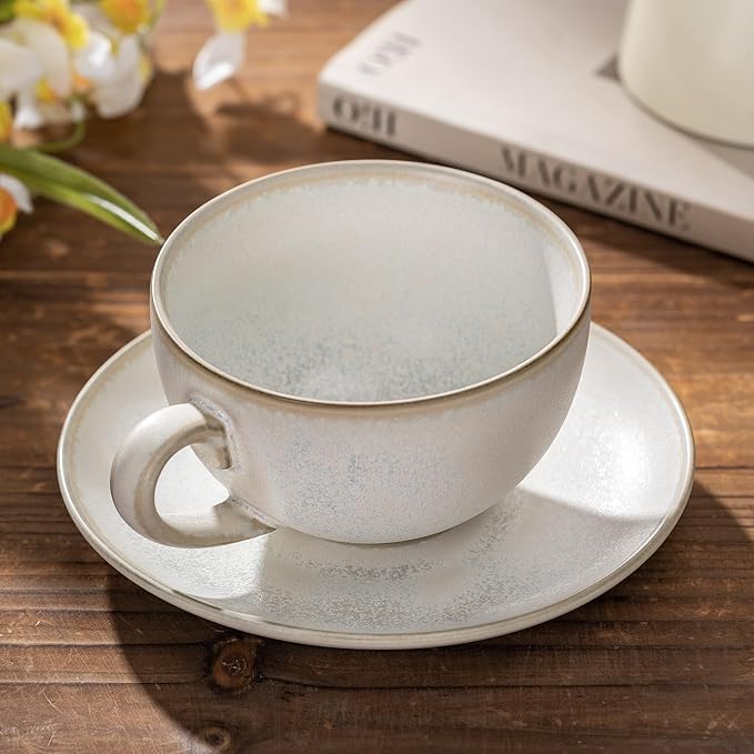 Porcelain Coffee Cup with Saucer, 10 oz Vintage Design Ceramic Latte Art Cappuccino Barista Espresso Tea Cup with Saucer(White Shell)