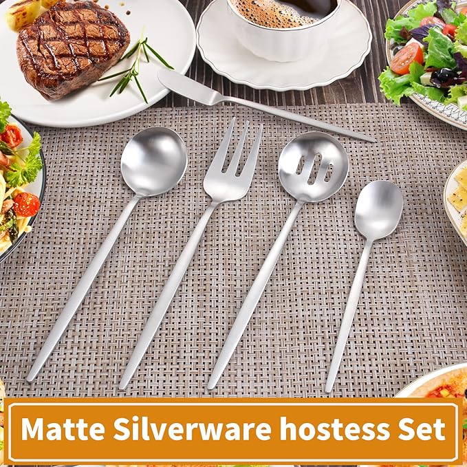 Matte Serving Silverware Set, 5-Piece Round Shared Utensils Set of Stainless Steel, Hostess Flatware Serving Set, Satin Finish, Dishwasher Safe