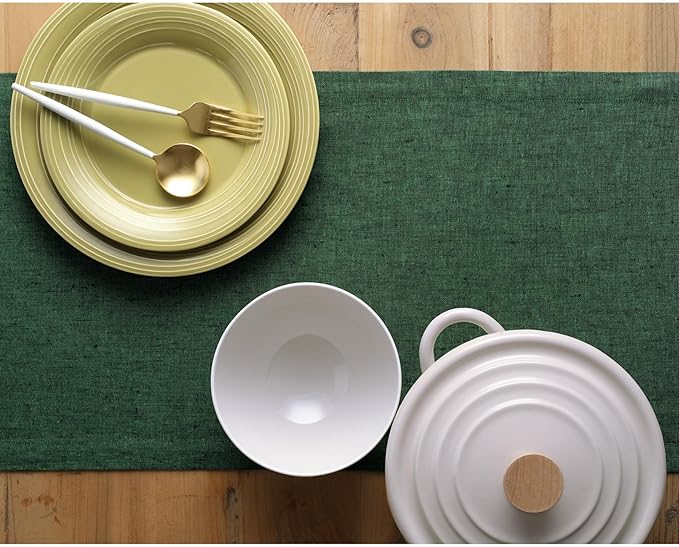 Solino Home Linen Table Runner 156 Inches Long - Athena, 100% Pure Linen Forest Green Table Runner 14 x 156 Inch for Dining, Fall, Autumn