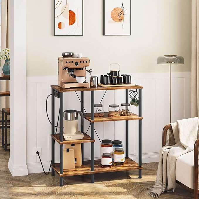 HOOBRO Bakers Rack with Power Outlet, Microwave Stand with 5 S-Shaped Hooks, Coffee Bar, Kitchen Storage Shelf, for Kitchen, Living Room, Rustic Brown and Black BF07UHB01