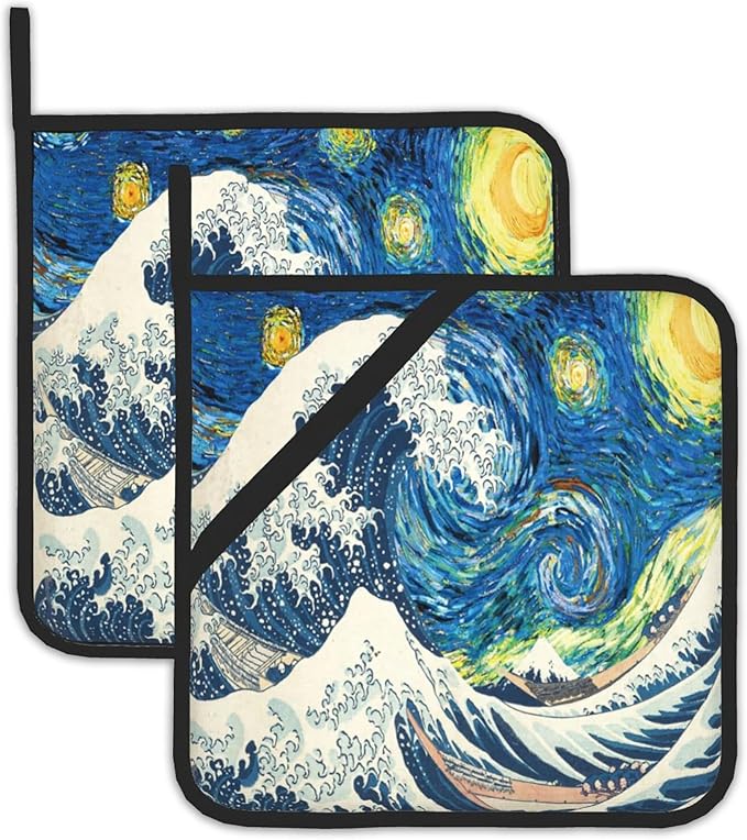 2 Pack Starry Night Great Waves Pot Holders for Kitchen Heat Resistant, Potholders for Kitchens Washable for Cooking & Baking & Microwave