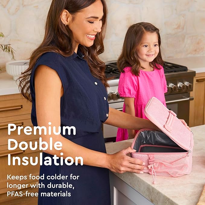 Bentgo Kids Lunch Bag - Double-Insulated, Reusable Lunch Bag for Kids 3+ with Adjustable Strap; Holds Lunch Box/Water Bottle/Snacks; Easy-Clean, Water-Resistant & Pockets (Glitter - Petal Pink)