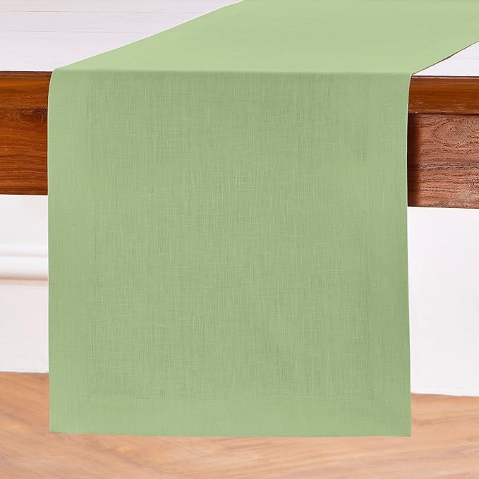 Solino Home Linen Table Runner 48 Inches - 100% Pure Linen Laurel Green Table Runner 14 x 48 Inch Ideal for Dresser and Coffee Tables - Summer, Fall, Autumn - Fete
