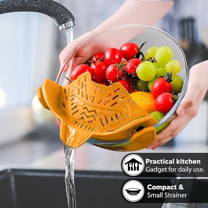 Clip On Strainer, Pot Strainer for Pasta, Vegetables, Fruit and Meat- Kitchen Silicone Strainer Colander for All Pots, Pans and Bowls (Orange)