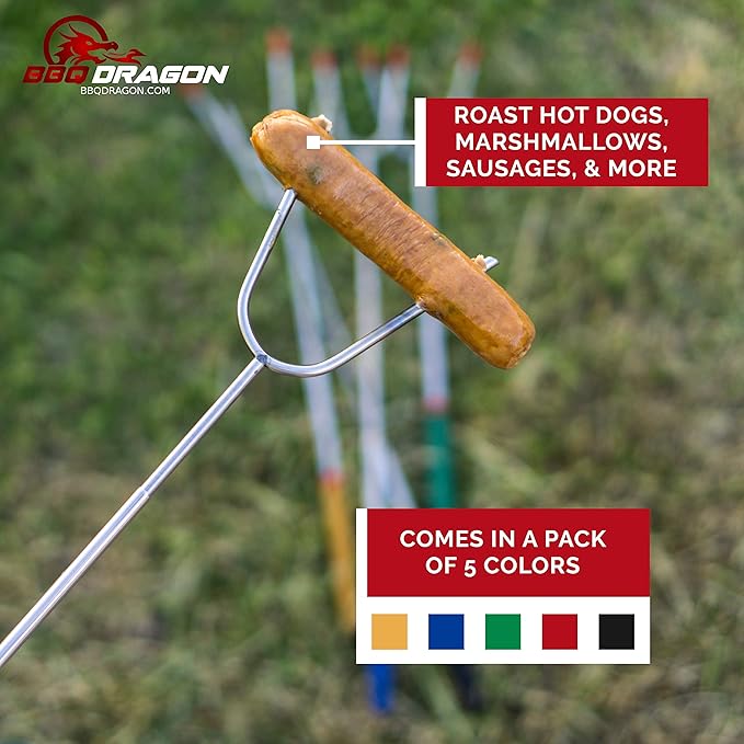 BBQ Dragon Smores Kit – 5 Extra Long Smore Sticks for Fire Pit – Telescoping Marshmallow Roasting Sticks – Durable Skewers for Smores and Hot Dogs – Outdoor Smores Kit with Color Handles