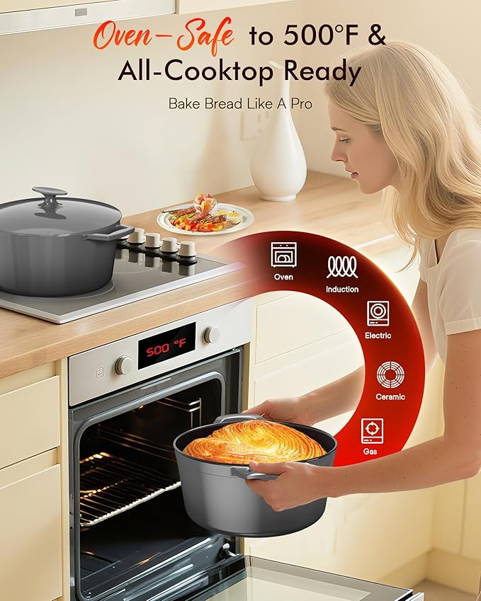 Nuwave 6QT LUX Healthy Enameled Cast Iron Dutch Oven Pot with Lid, Heavy Duty 7-Layer Enamel, Enhanced Rust Protection, Dual Handles, Oven Safe to 500°F for Sourdough Bread Baking, Braise, Stew, Roast