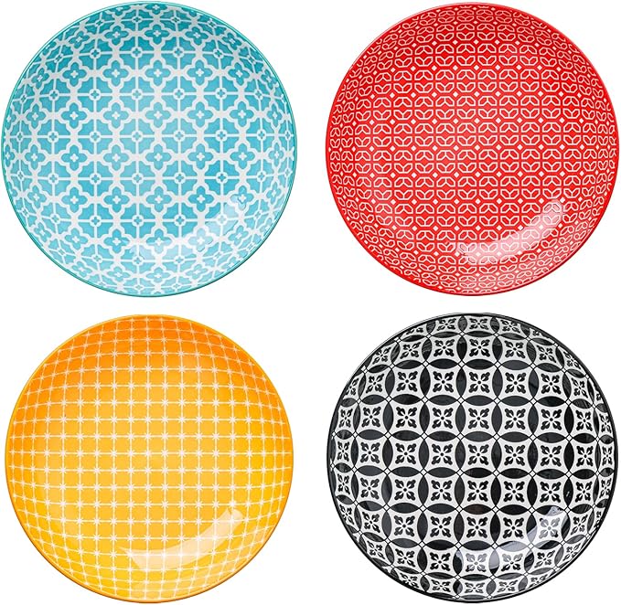 DOWAN 8.5" Vibrant Pasta, Salad & Soup Serving Bowls Set of 4, Embossed Large Porcelain Ceramic, Microwave, Oven & Dishwasher Safe, Bonita Design Perfect for Daily Dining, Family Gatherings, Party