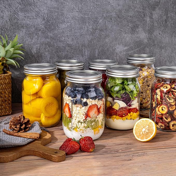 WELLIFE Wide Mouth Mason Jars, 4 Pack Mason Jars 32 oz for Pickling, Canning, Fermenting and Food Storage, Microwave & Dishwasher Safe