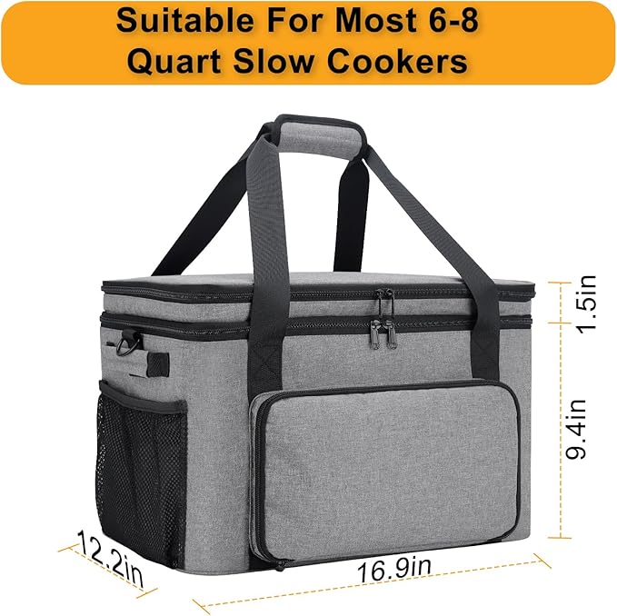 Slow Cooker Carrying Bag, Double Layer Insulated Design Slow Cooker Carrier with Removable Hard Liner and Pot Lid Fastener Fit for 6-8 Quart Crock Pot, Gray