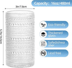 16oz Hobnail Drinking Glasses Set of 6, Vintage Large Capacity Embossed Clear Tumblers, Highball Glasses for Water, Cocktail, Beer, Whiskey, Juice & Bar Use