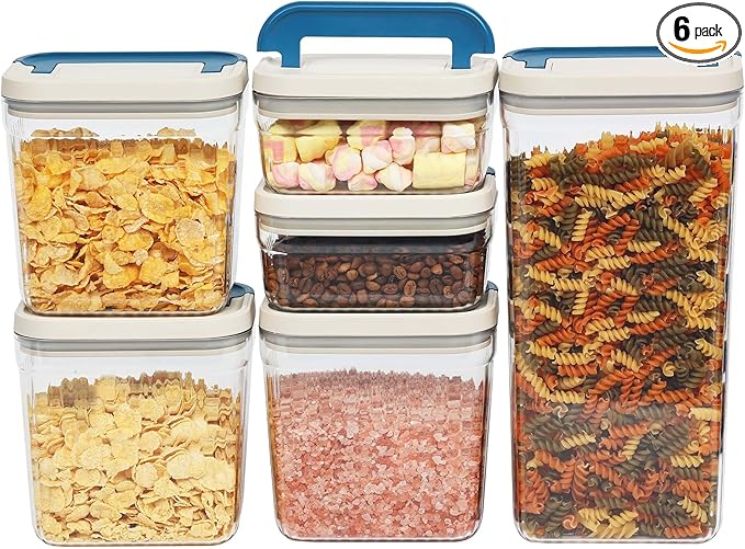 Flip-Lock Airtight Food Storage Containers 6-PC (0.6 Qt*2+1.6 Qt*3+3.4 Qt),Leakproof Ring Seal Top,Anti-Slip Pantry Canister for Flour Sugar,Coffee,Dog Food Treat,Rectangle White