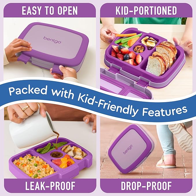Bentgo Kids Bento-Style 5-Compartment Leak-Proof Lunch Box - Ideal Portion Sizes for Ages 3 to 7 - Durable, Drop-Proof, Dishwasher Safe, PFAS & BPA-Free & Made with Food-Safe Materials (Purple)