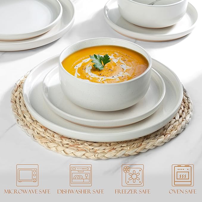 LIANYU 24 Piece Dinnerware Sets for 8, Stoneware Dinner Dishes for Kitchen Dining, Elegant Plates and Bowls Sets, Safe & Healthy Clay, Oven & Dishwasher Safe, Snowy White