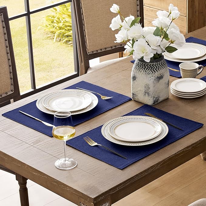 Romanstile Cloth Placemats Set of 8-12 x 18 Inch, Heat Resistant Double Layered Thickened Burlap Place Mats, Washable Faux Linen Farmhouse Table Mats for Kitchen/Dining/Party/Outdoor, Navy Blue