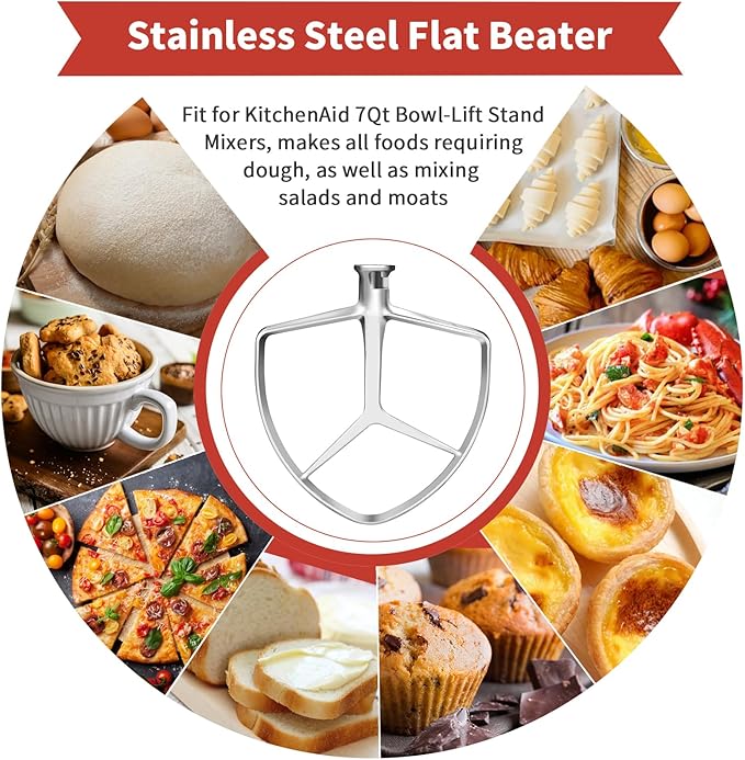 Stainless Steel Flat Beater for KitchenAid 7QT Bowl-Lift Stand Mixers, Food Grade Replacement Attachment, Dishwasher Safe