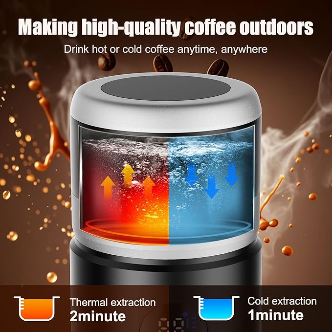 Portable Coffee Machine w/ 2 Rechargeable Batteries, 8 Cups, 80ml Self-Heating, 20bar, USB-C, Espresso coffee Maker for Camping Travel Office, Ground & Capsule Compatible