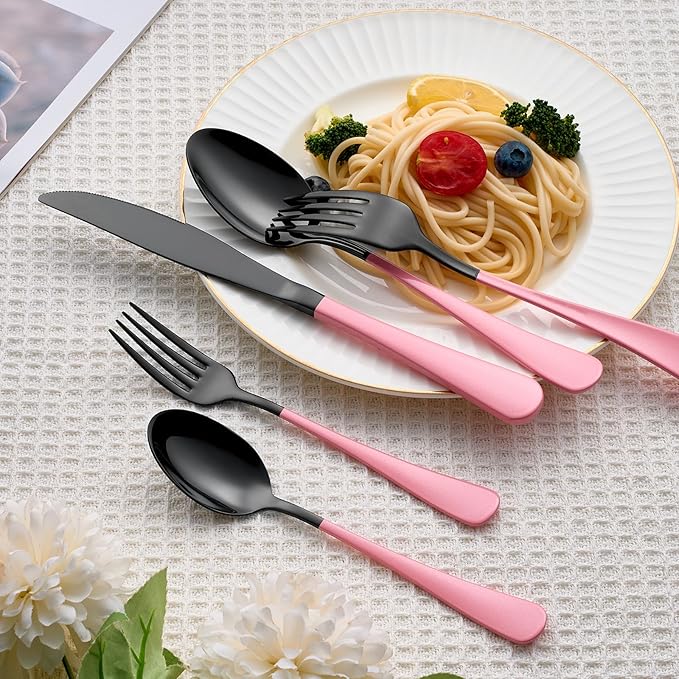 20 Piece Black Pink 18/0 Flatware Utensil Set for 4, Include Dinner Knife,Dinner Forks,Dinner Spoons,Salad Forks,Teaspoons,Silverware Set for 4, Dishwasher Safe