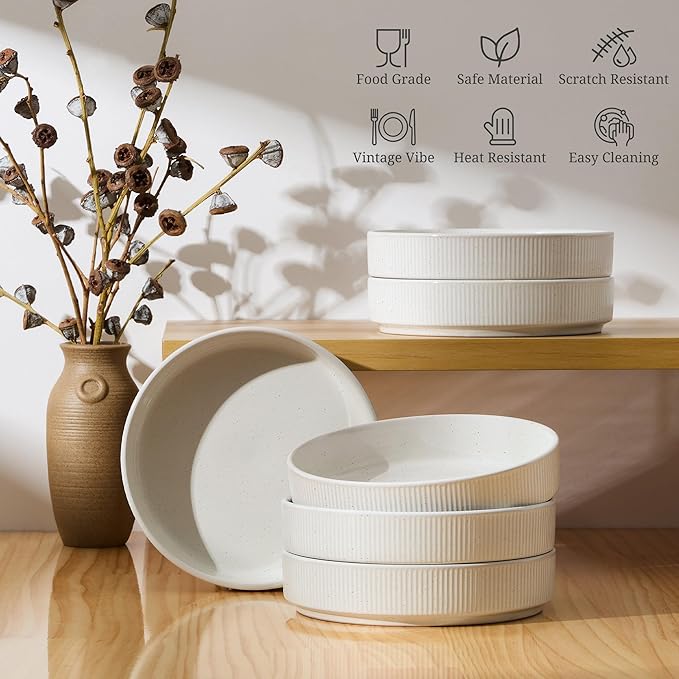 E-far Pasta Bowls Set of 6, 35oz Large Salad Bowl Plate for Dinner Serving Soup, Wide & Shallow Ceramic Stoneware Pasta Plates, Microwave & Dishwasher Safe, Textured Stripes & Speckled White, 8”