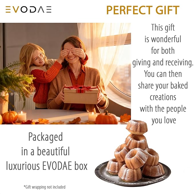 EVODAE® Mini Bundt Cake Pans Set of 2 – 12 Cup (2x6) – Nonstick Black Coated Tube Pans – Perfect for Fall Baking, Pumpkin Spice & Holiday Treats – PFOA & PTFE Free
