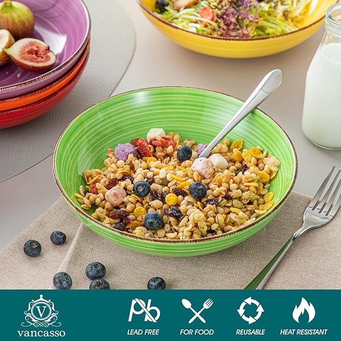 vancasso Bonita Pasta Bowls Set of 6, 38 oz Shallow Bowls, Ceramic Pasta Plates and Salad Bowls, Microwave & Dishwasher Safe Serving Bowls, Assorted Colors