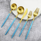 Gugrida Blue Handle Matte Gold Silverware Set - 5-Piece 18/10 Stainless Steel Satin Finish Flatware, Kitchen Utensils, Tableware Travel Cutlery for Camping, Office, School Lunch - Dishwasher Safe