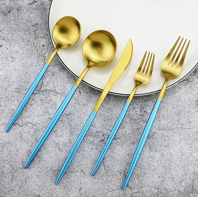 Gugrida 20-Piece 18/10 Stainless Steel Flatware Silverware, Luxury Dinnerware Set Travel Cutlery Tableware Include Knife Fork Spoon Service for 4, Dishwasher Safe (Blue Handle Matte Gold)