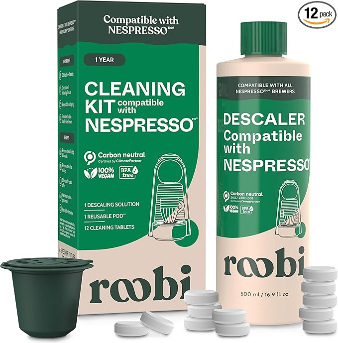 Roobi Descaling and Cleaning Kit Compatible with Nespresso Originaline. Includes 1 Bottle of Descaling Solution, 12 Cleaning Tablets and 1 Reusable Pod. Carbon Neutral. 1 Year Supply.