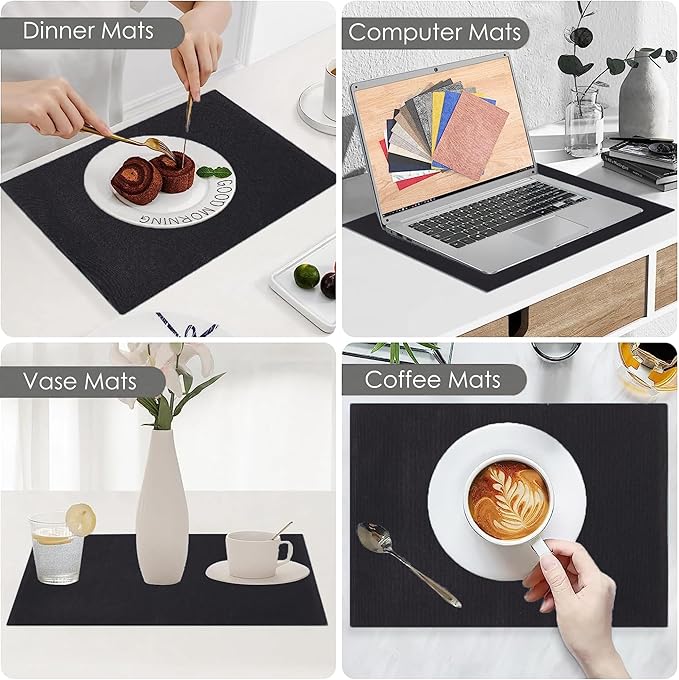 Cloth Placemats Set of 4, Cotton Blend Durable Layered Table Mats, Non-Slip Wrinkle Free Place Mats for Dining Table, Easy to Clean (Black, 13x19 Inch)