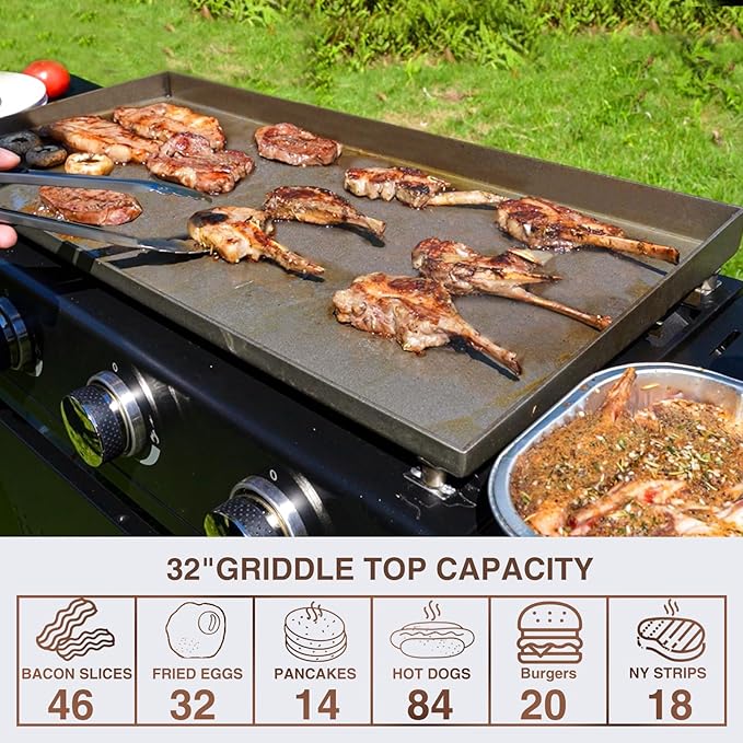 KingChii 32" 4-Burner Griddle with Integrated Protective Hood and Counter Height Side Shelves, Powder Coated Steel, for Breakfast, BBQ & Grilling w/Steel Cooking Surface,Black