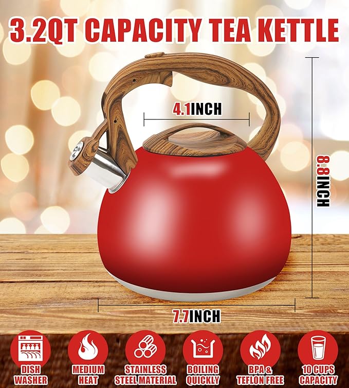 Festive Red Stovetop Whistling Tea Kettle 3.2 Quart - Stainless Steel with Wood Grain Handle, Loud Christmas Whistle for Boiling Water, Holiday Cocoa & Milk, Easy-Pour Spout Classic Design