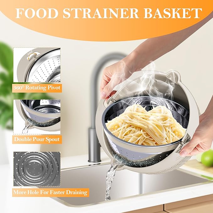 4-1 Colander with Bowl Set, Food Strainers and Colanders, Fruit Washing Bowl with Strainer, Rotatable Colander for Kitchen, Aesthetic Kitchen Gadget - Beige