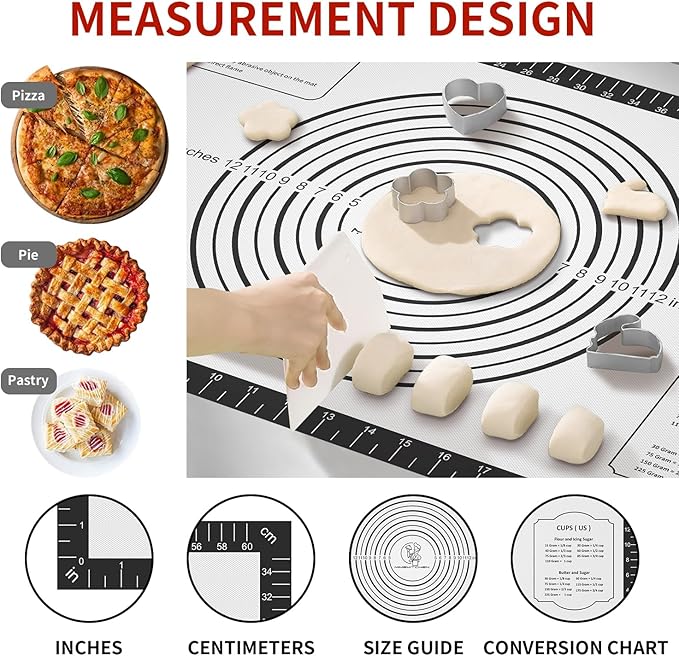 Silicone Pastry Mat for Dough Rolling, Non Stick Silicone Mat for Baking Bread, Pizza, Cookies, Macaron, Silicone Baking Mats with Measurements, Non-slip and Reusable Silicone Mat for kitchen Counter