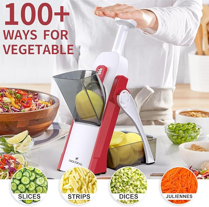 ONCE FOR ALL Safe Mandoline Slicer 5 in 1 Vegetable Cutter, Strips Julienne Dicer Adjustable Thickness 0.1-8 mm for Kitench Fast Meal Prep (Red)
