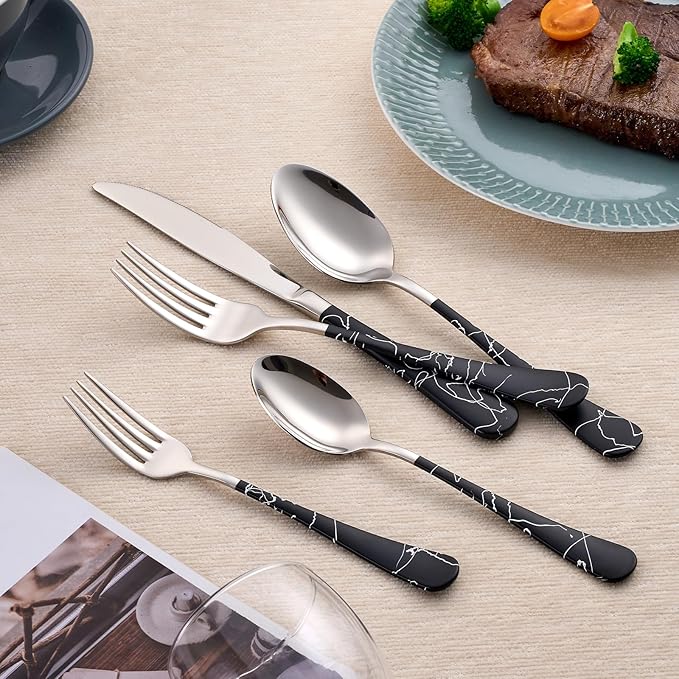 20-Piece Black crack Silverware Set 18/0 Stainless Steel Silverware Set Black crack Handle Cutlery Set Service for 4 Dinner Knives Forks Spoons Set Flatware Set Finish Dishwasher Safe