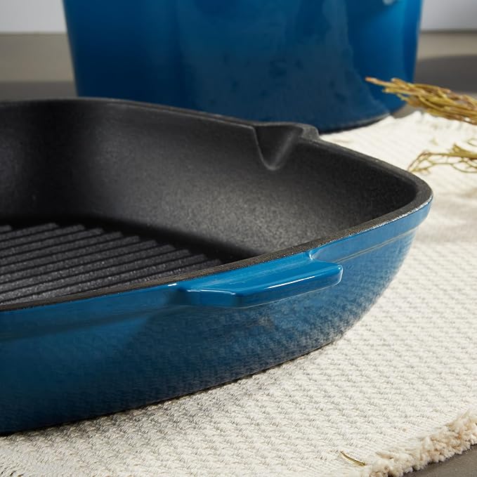 BergHOFF 10Pc Neo Enameled Cast Iron Cookware Set, Matching Lid, Oven Safe Up To 400°F, Blue