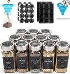 12 Pcs Glass Spice Jars with Label, 4oz Spice Jars with Lids, Seasoning containers Set, Comes with spice bottle caps, Silicone Collapsible Funnel,chalk, for Spice Rack, Cabinet, Drawer