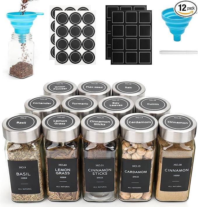 12 Pcs Glass Spice Jars with Label, 4oz Spice Jars with Lids, Seasoning containers Set, Comes with spice bottle caps, Silicone Collapsible Funnel,chalk, for Spice Rack, Cabinet, Drawer