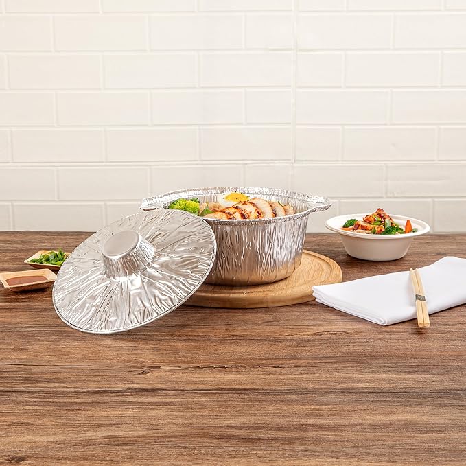 Foil Lux 60 Ounce Pans And Lids, 100 Disposable Pots With Lids - Oven-Ready, Stove Compatible, Aluminum Foil Baking Pans, Freezable, For Outdoor Camping, Vacation, Picnic, And More - Restaurantware