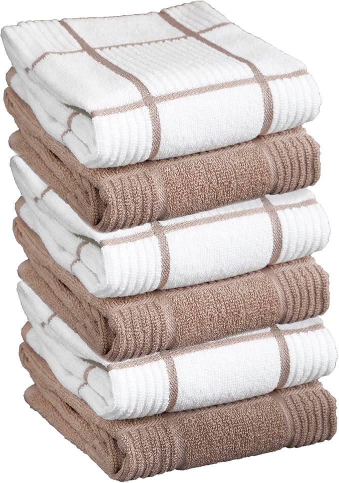 T-fal Solid & Checked Parquet Kitchen Towels: Highly Absorbent, Super Soft Long Lasting - 100% Cotton, 16"x26" Dish Towels for Cleaning & Drying Dishes, Pans, Glassware, Countertops, 6-Pack, Sand